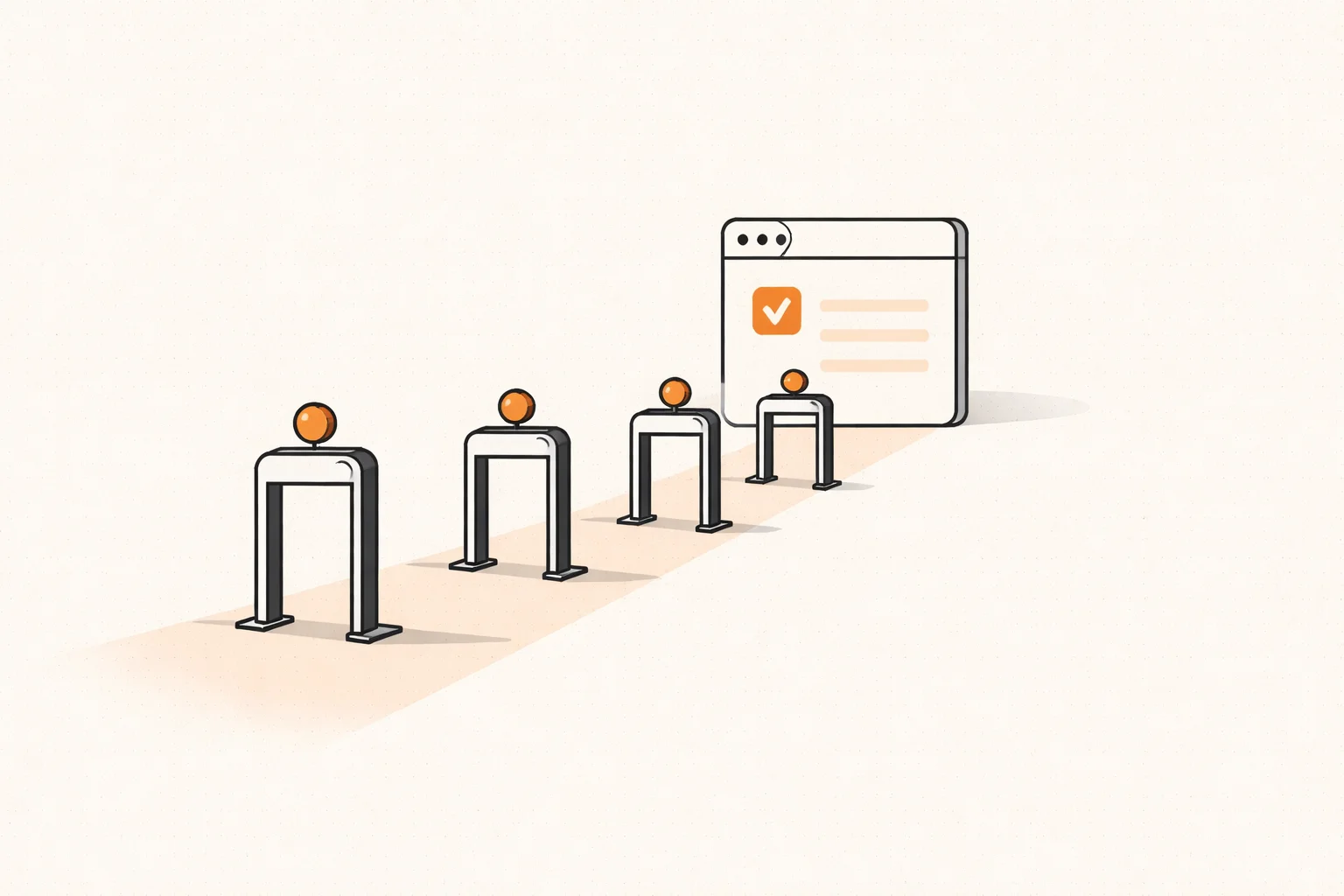 Four checkpoint gates on a path leading to an app, representing pre-launch checks for an AI app builder app