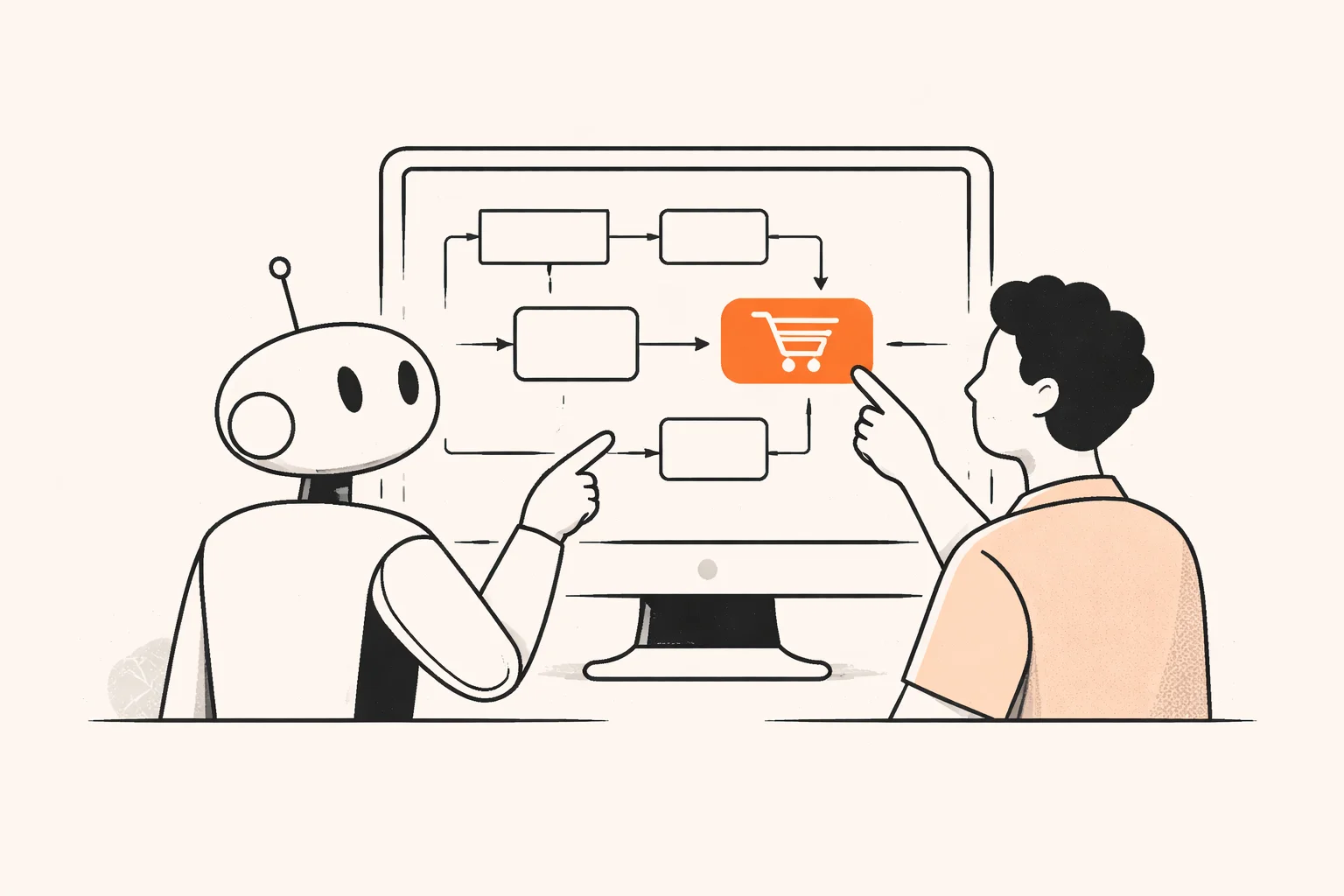 An automated assistant and an engineer reviewing the same checkout flow diagram together