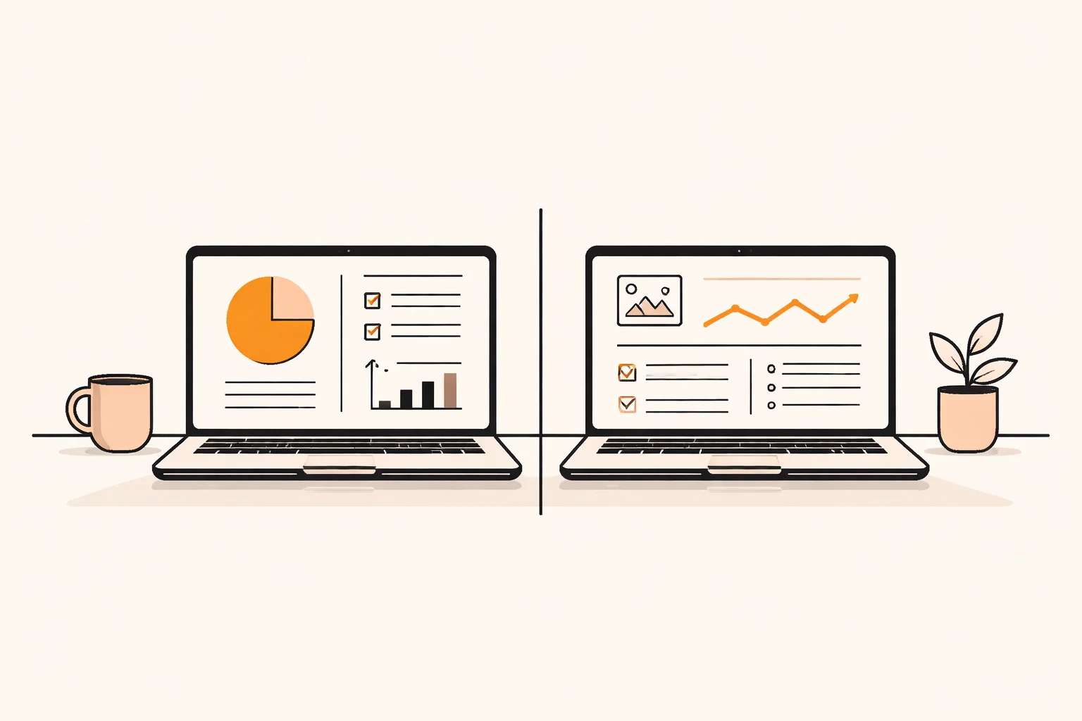Two laptops showing separate user dashboards, illustrating a second-account test of data access rules in an app launch checklist