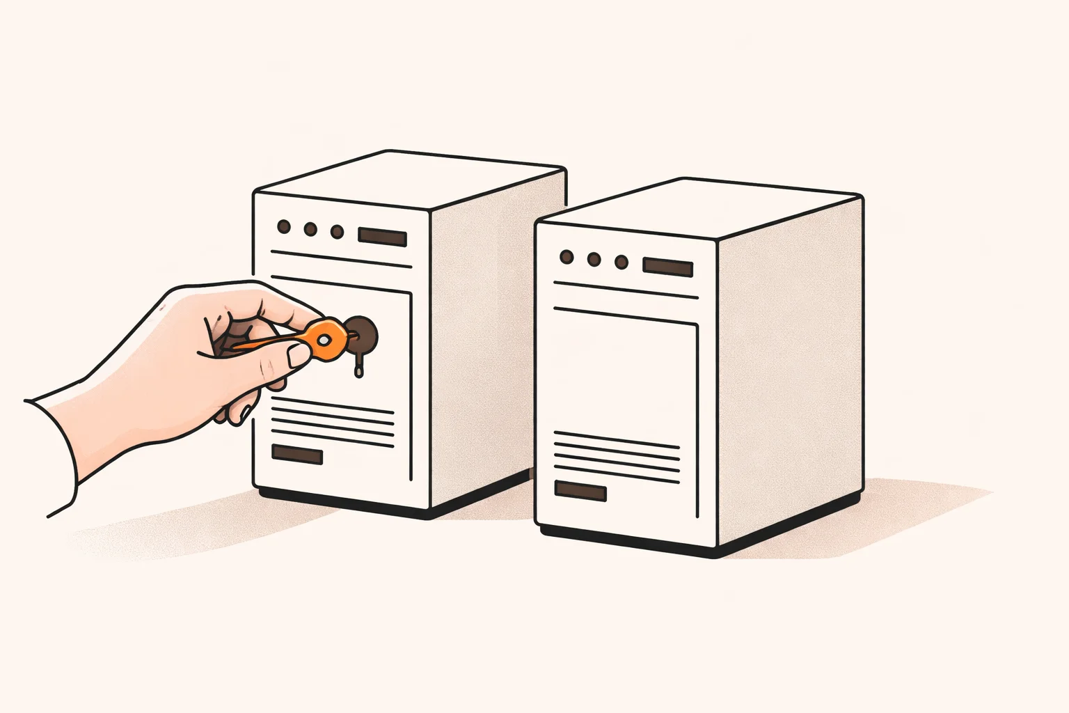 Two matching server cabinets, one being restored from the other, representing a backup restore drill before launch