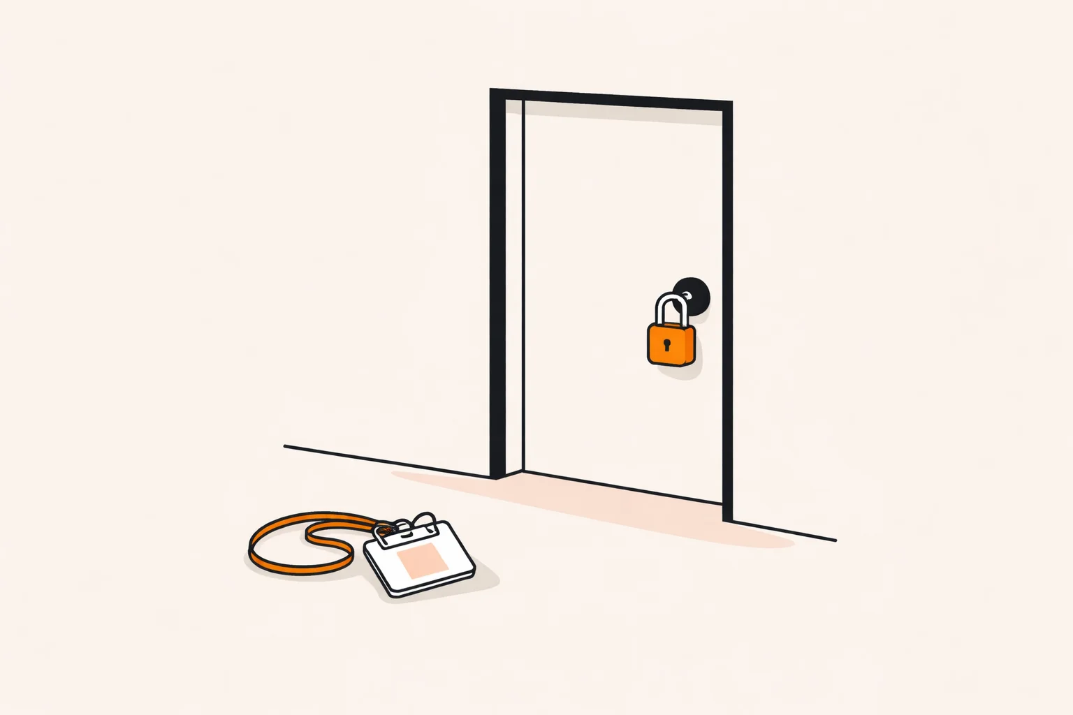 Locked door with a visitor badge on the floor, illustrating a registration gap in a private app
