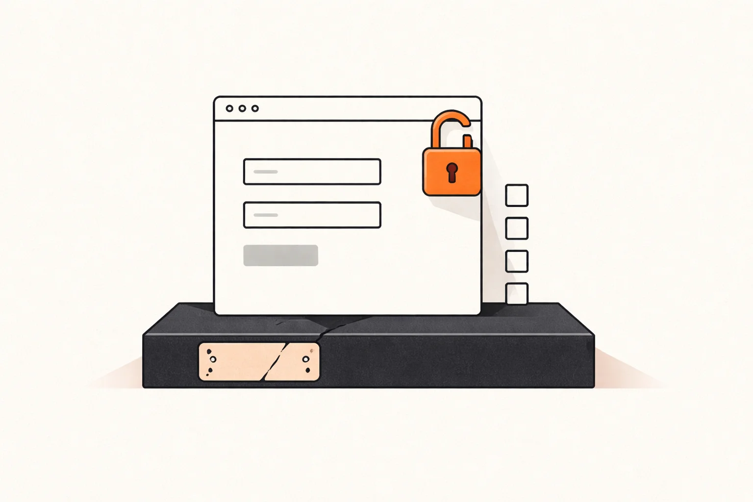 Patched platform base supporting an app window with an open orange padlock and four unchecked boxes