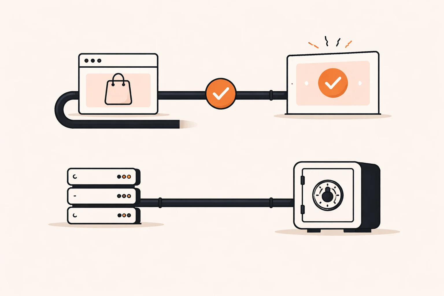 Diagram-style illustration of a browser redirect path and a separate server confirmation path for a Stripe webhook