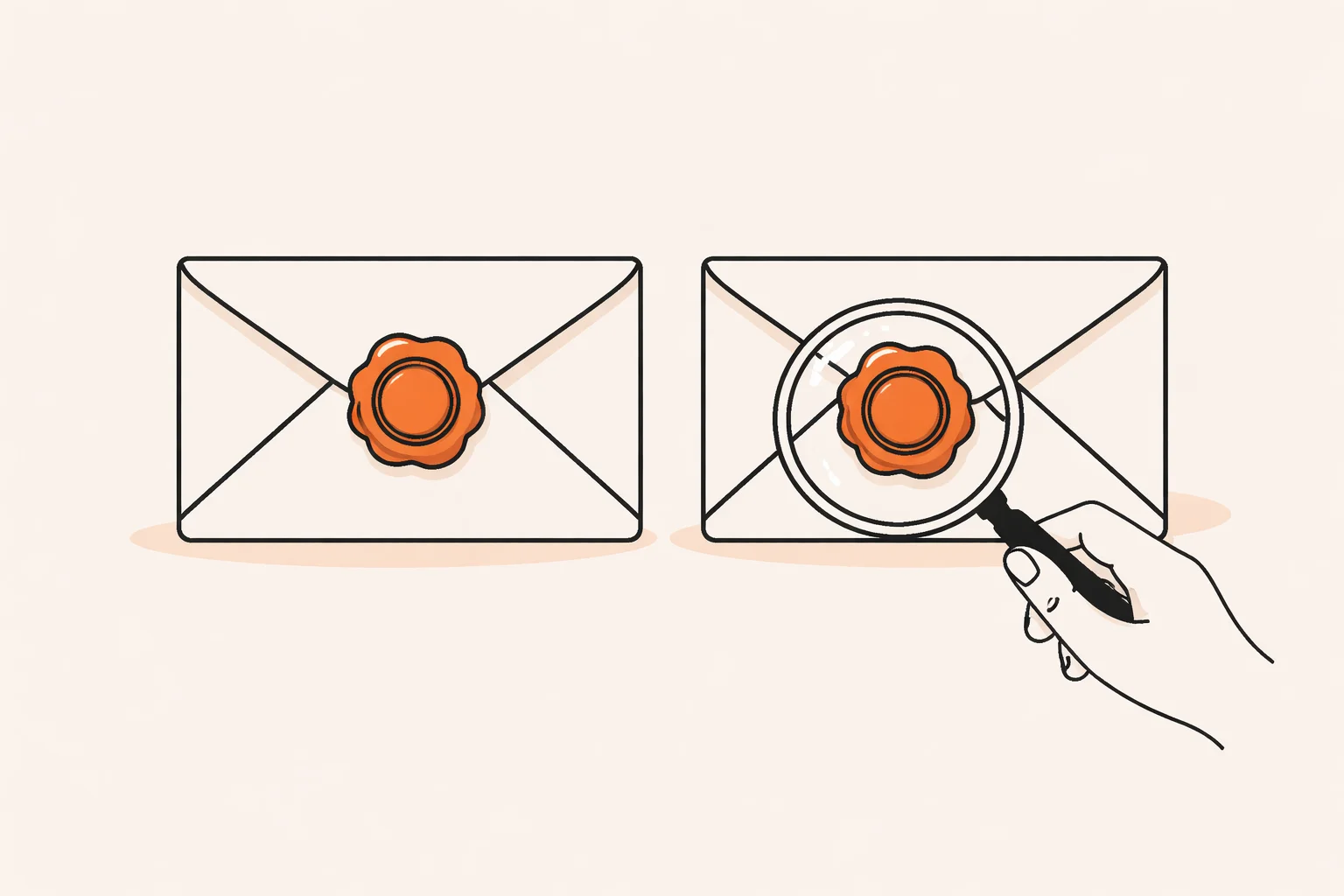 Envelope with two matching seals compared under a magnifying glass, representing signature verification