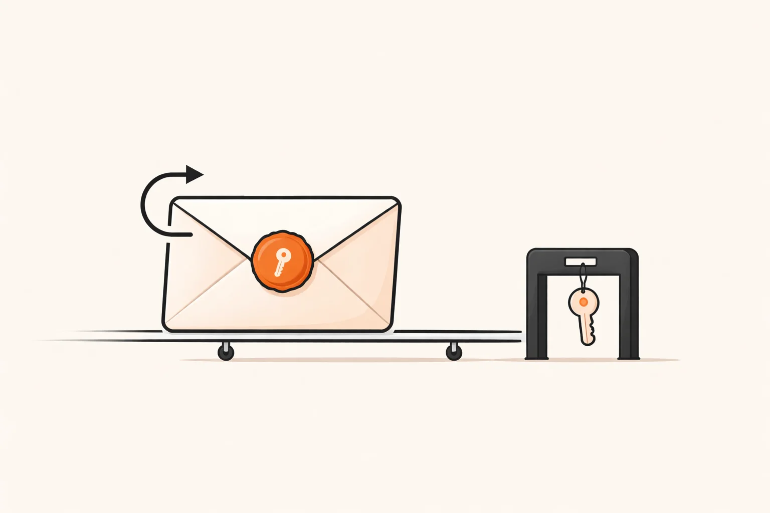 Illustration of a webhook envelope with an orange key wax seal being checked at a gate, representing Stripe webhook secret verification