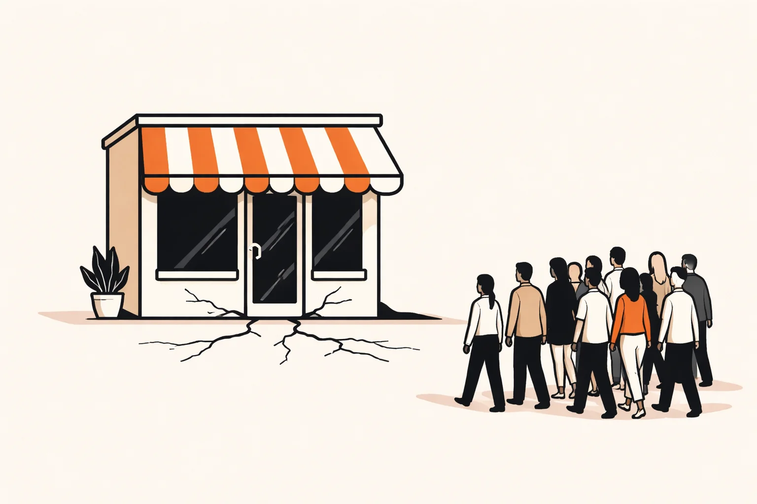 Illustration of a storefront with cracks in its foundation as a crowd of users approaches, representing a vibe coded app under load