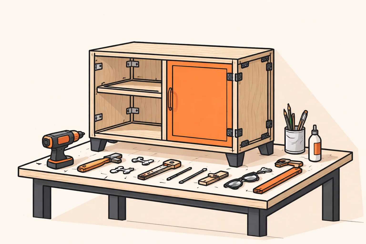 Half-renovated cabinet on a workbench with repaired parts, representing fixing existing code instead of rewriting it
