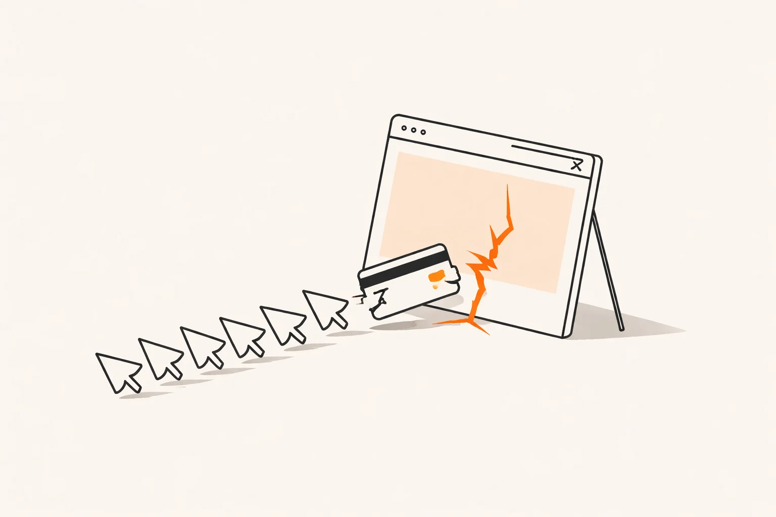 Illustration of a vibe coded app as a propped-up browser facade cracking as cursors arrive carrying a payment card