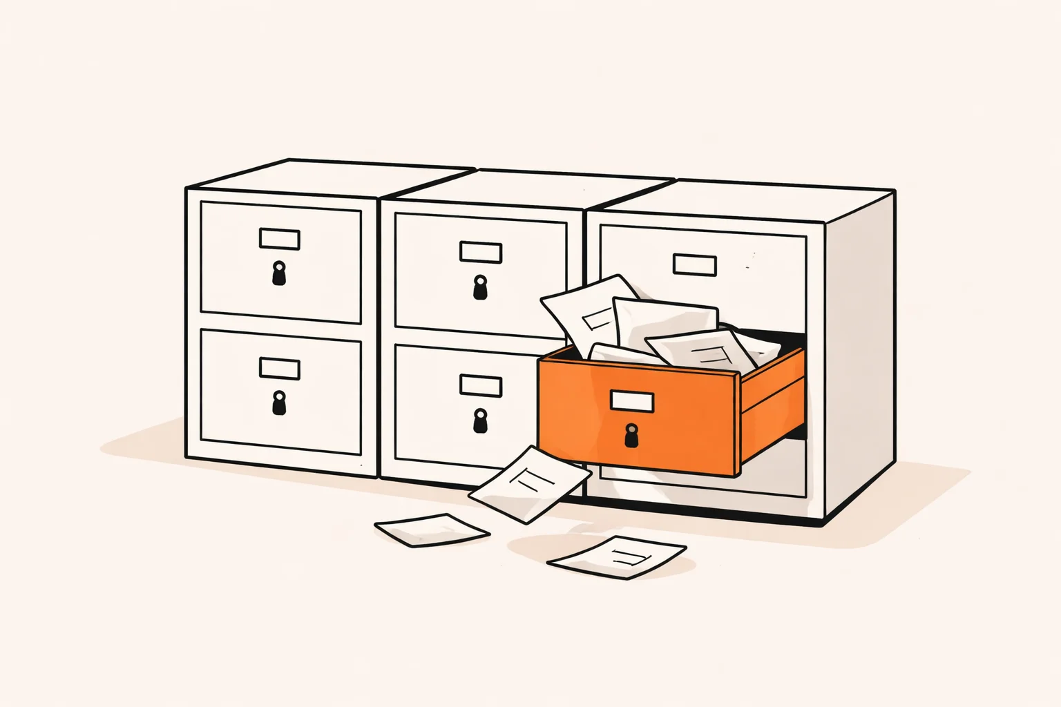 Filing drawers with one left open, illustrating weak data access rules in vibe coding security