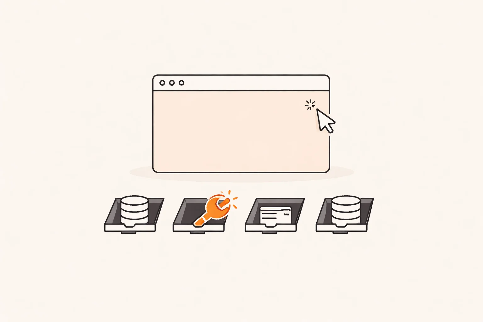 Illustration of a polished AI-built app window hiding four open hatches, with an exposed orange key