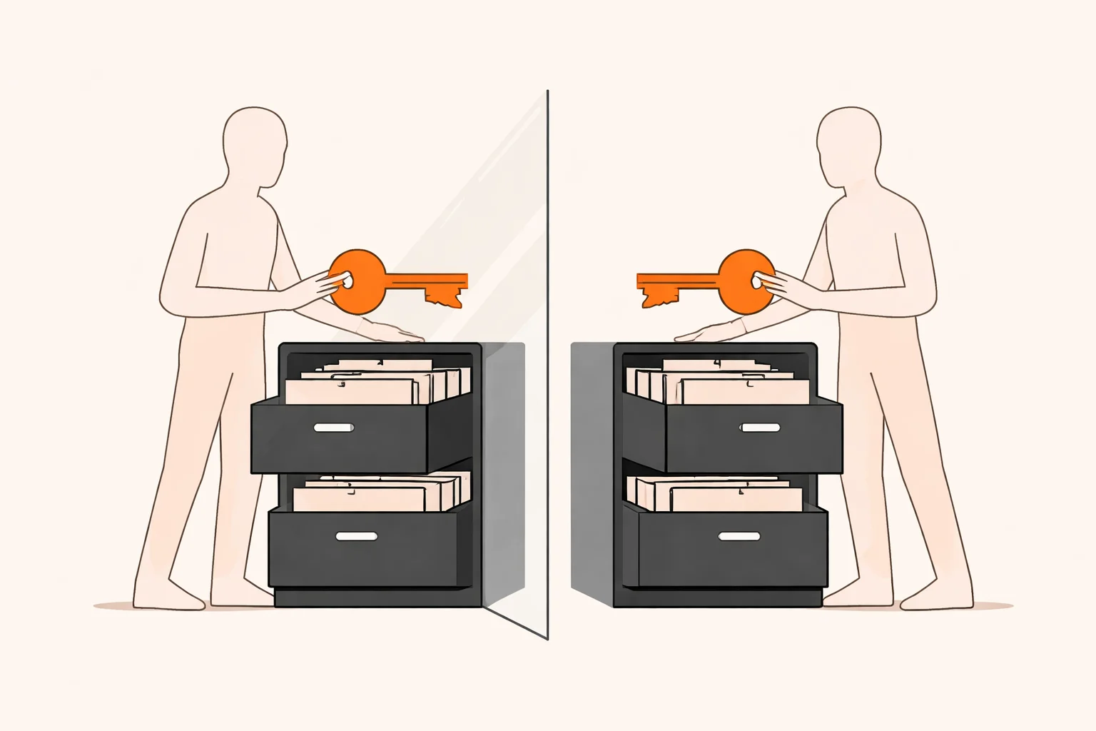 Two users with separate data drawers illustrating row-level security and key separation in a web app security audit